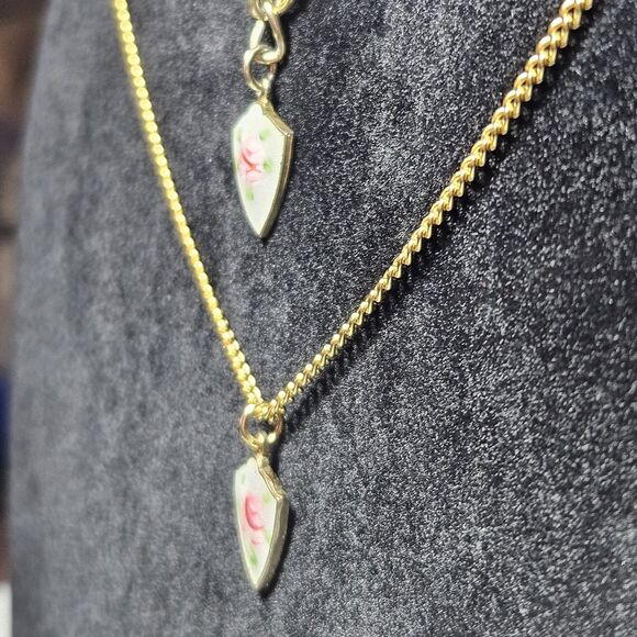 Vintage Emmons Gold Tone Guilloche Enamel Shield Charm Necklace & Bracelet Set - Picture 6 of 15